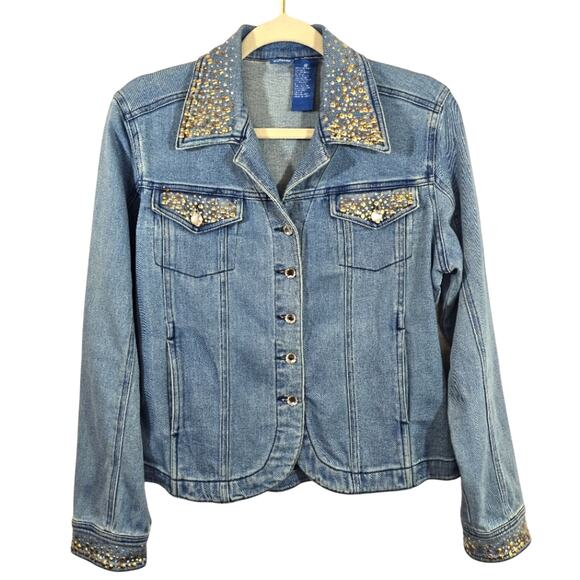 L Disney Rhinestone Mickey Mouse Blue Denim Jacket Size S Gold Embellished Y2K - Picture 1 of 9